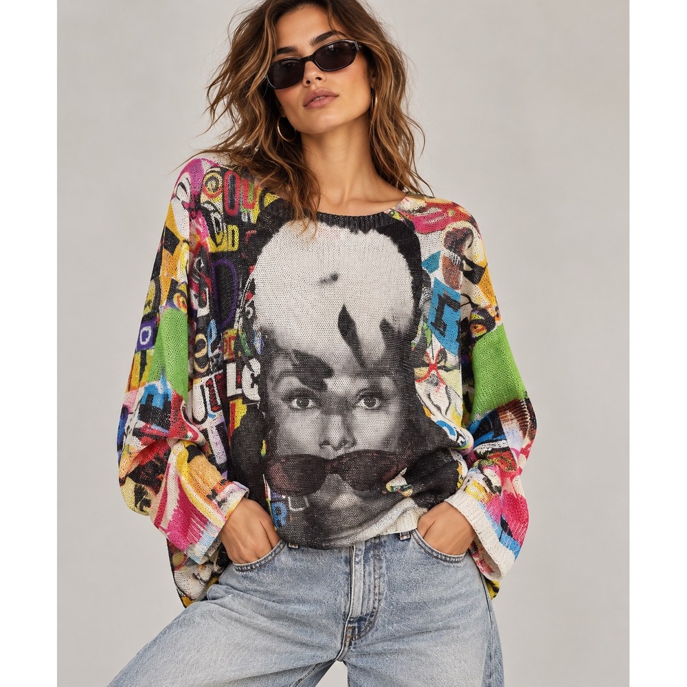Yolly Italy Pop Art Portrait Collage Knit Batwing Sweater Top Multi Art 9066